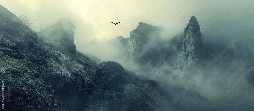 Aufkleber Misty mountains at dawn with dramatic peaks shrouded in fog and a soaring bird in the sky, creating a serene and mysterious landscape.