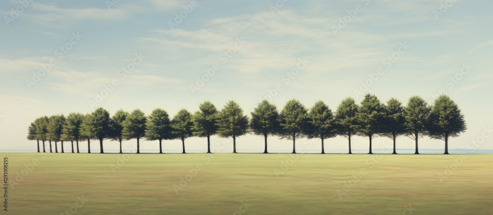 Poster serene landscape featuring a symmetrical line of lush green trees against a soft blue sky with wispy