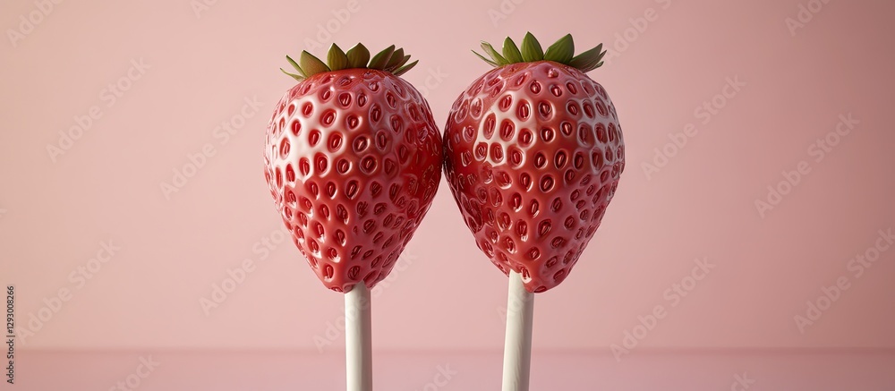Poster Strawberry-shaped lollipops with green tops and a textured pink surface against a soft pastel pink background centered in the image.