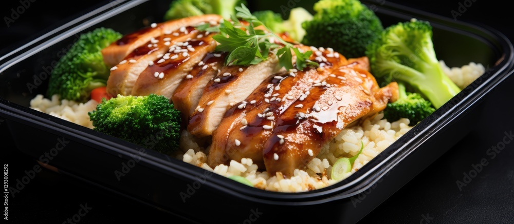 Poster keto lunchbox with grilled chicken on cauliflower rice surrounded by broccoli topped with sesame see