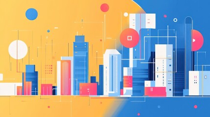 Futuristic city skyline, digital network, data flow, vibrant colors, tech background; website banner