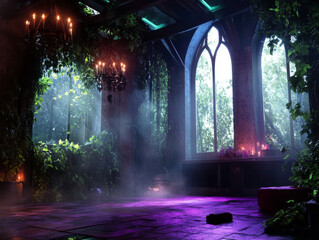 Obraz premium mystical room with ivy covered walls, large windows, and soft lighting creates enchanting atmosphere