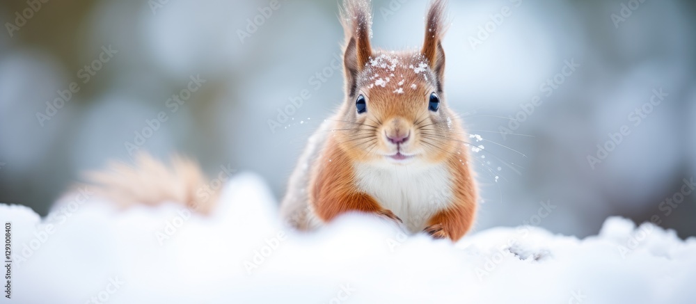 Aufkleber squirrel with brown fur and fluffy tail standing in white snow with snowflakes on its head against a