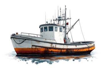 Watercolor hand drawn fishing boat isolated on white background.