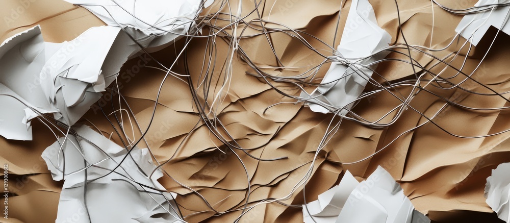 Poster tangled metallic wires blend with chaotic textures of crumpled brown and white paper creating an abs