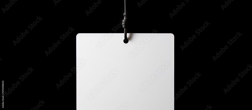 Fototapete blank square card hanging from a black lanyard on a dark background with ample copy space for text o
