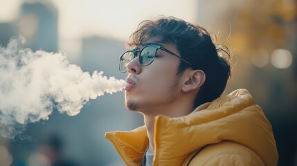 Young man vaping in city street wearing sunglasses and yellow jacket