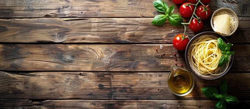 Rustic wooden table with spiraled pasta in a bowl surrounded by fresh tomatoes, basil leaves, grated cheese, and a glass of olive oil.
