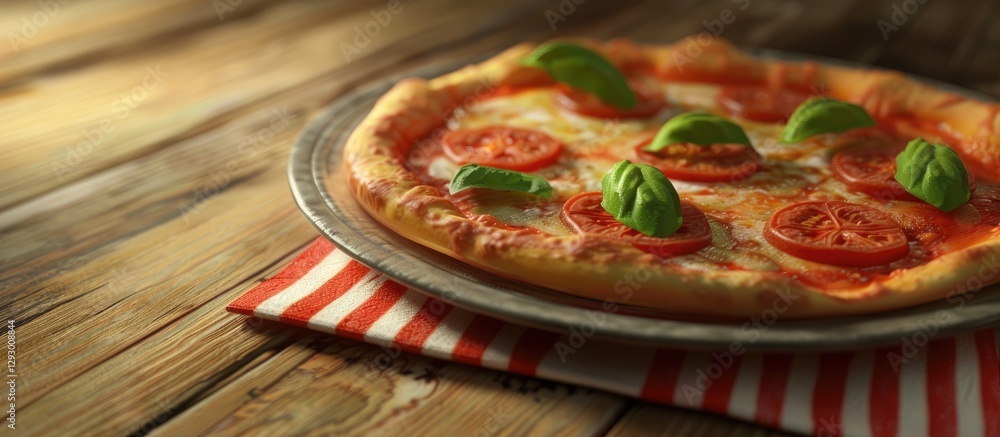 Poster delicious pizza with fresh basil and tomato slices on a silver plate positioned to the right over a 