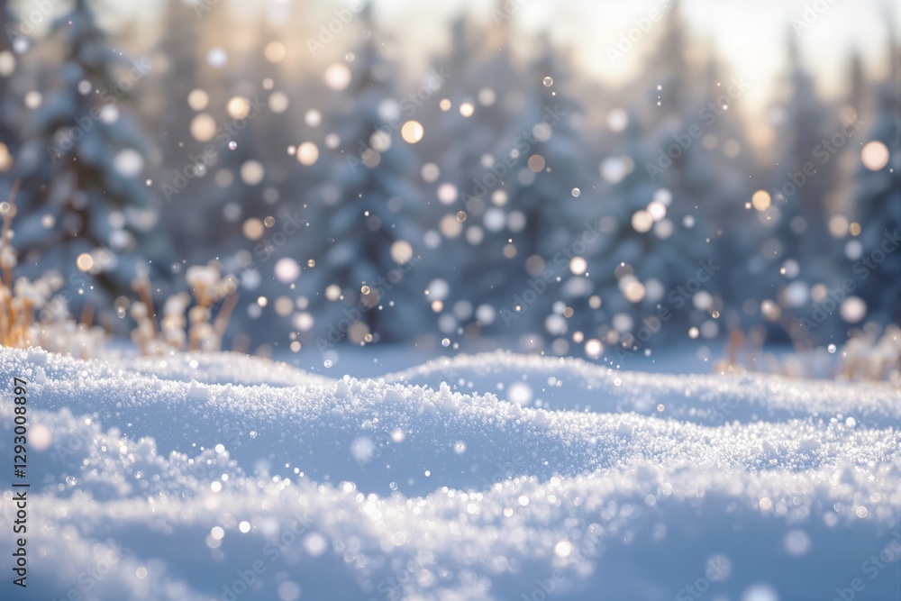 Poster Close-up of a snowy field with sparkling snowflakes under soft sunlight in a winter forest setting.
