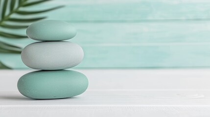 Stack of Teal and Grey Stones on White Wooden Surface