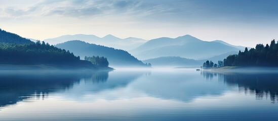 Obraz premium Serene morning landscape of Darma Reservoir, featuring soft blue hues, misty reflections on calm water, with gentle mountains in the background.