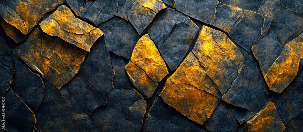 Poster abstract cracked stone texture with dark gray and golden tones, featuring irregular shapes and a lay