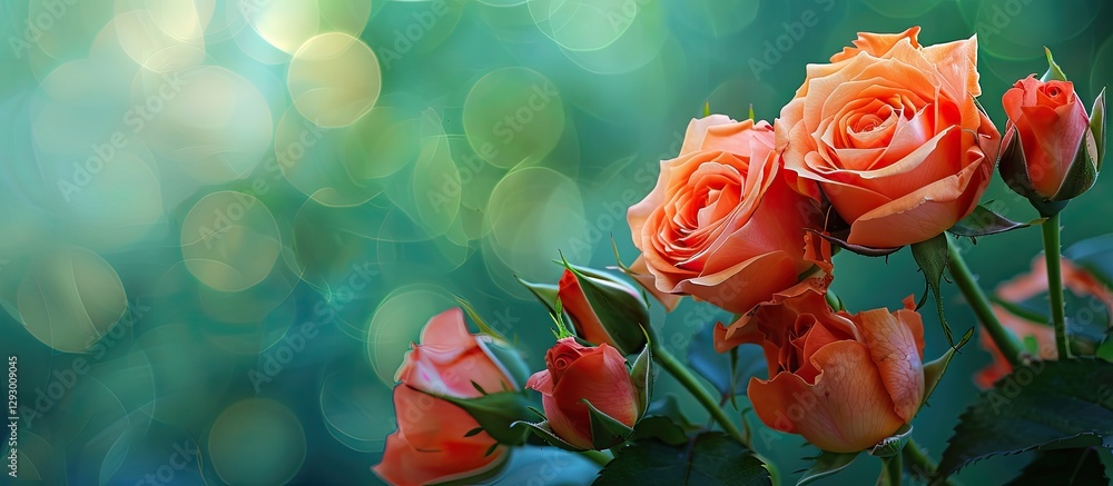 Aufkleber Vibrant orange roses with soft green bokeh background on the left side creating ideal copy space for elegant floral designs