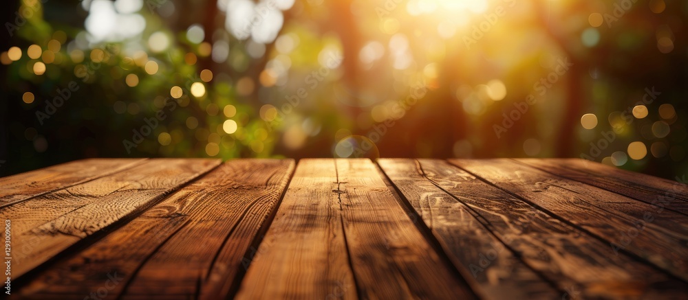 Poster wooden table surface with warm sunlight glowing through blurred greenery in the background, creating