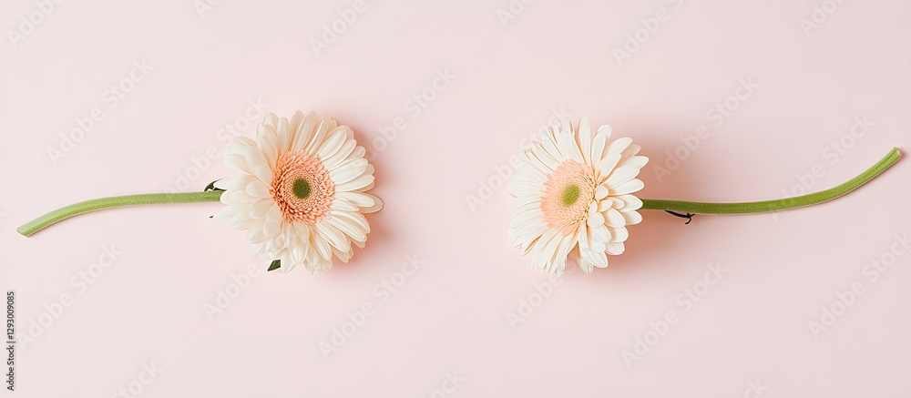 Poster delicate gerbera flowers positioned symmetrically on a soft pink background showcasing their reverse