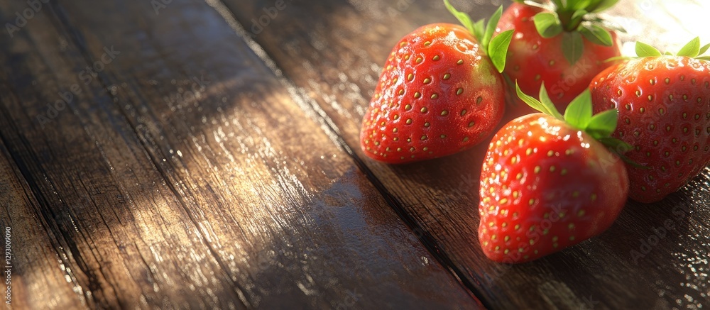 Poster close up of fresh juicy strawberries in vibrant red resting on a rustic wooden surface with soft lig