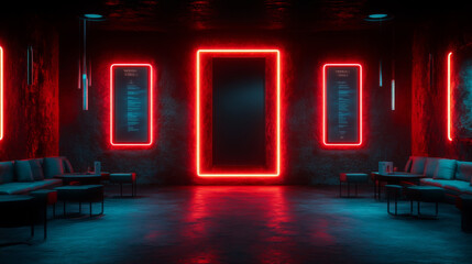 Futuristic restaurant interior with neon lights and modern seating