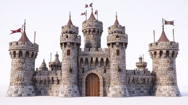 Majestic Medieval Castle: A 3D Render of a Fortified Stone Castle with Towers and Flags