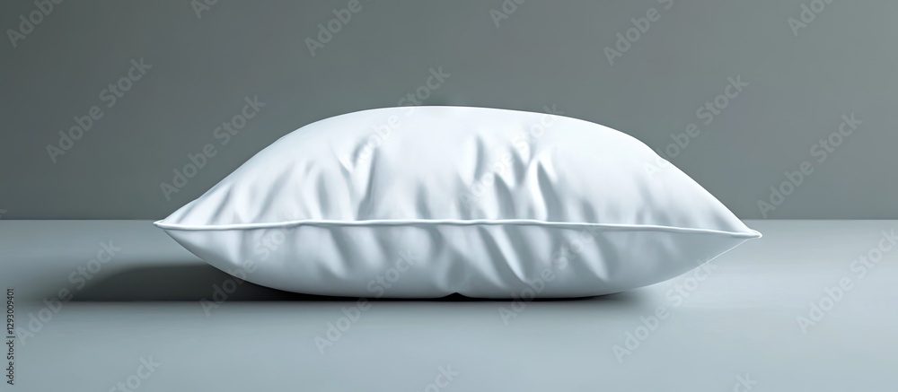 Poster Elegant white pillow resting on a smooth gray surface with soft shadows highlighting its contours and textures in a minimalist composition.