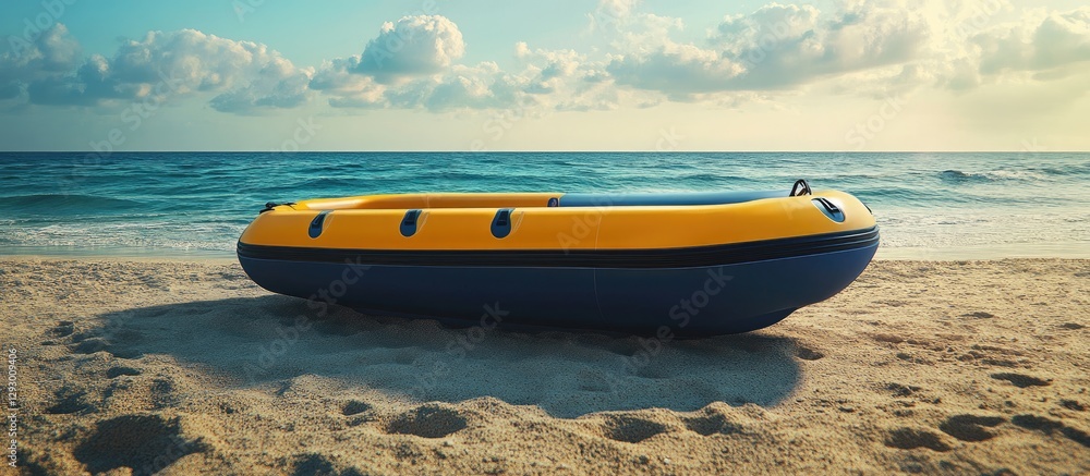 Aufkleber Vibrant blue and yellow lifeboat rests on sandy beach under a soft sky with clouds reflecting sunlight creating a serene emergency readiness scene.