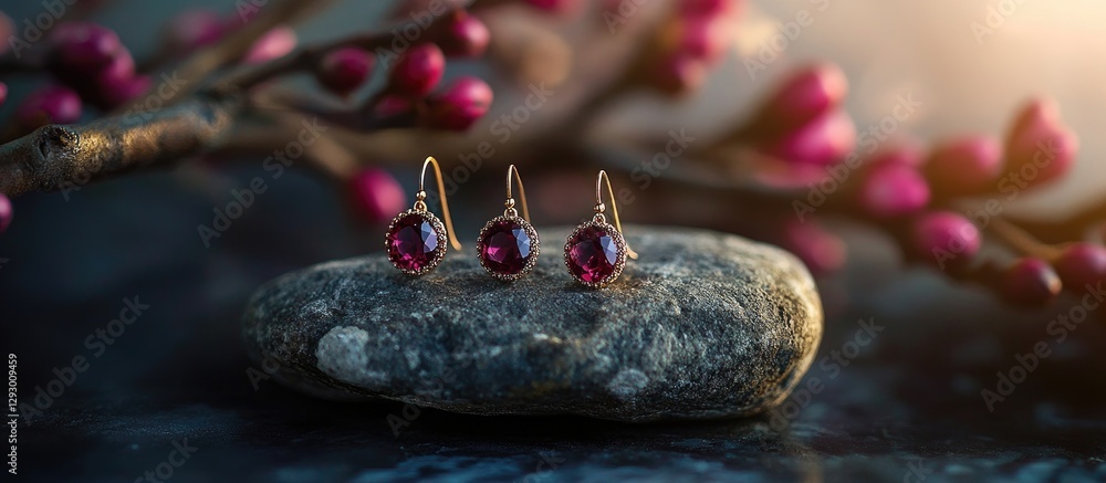Poster elegant earrings displayed on a textured gray stone with rich pink branches in the background, highl