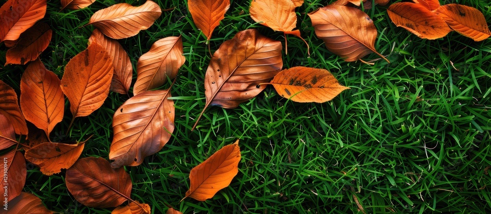 Poster dry brown leaves scattered on vibrant green grass creating a natural background with ample copy spac