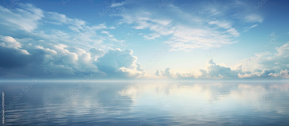 Poster serene lake landscape with calm waters reflecting blue sky and fluffy clouds in soft hues; gentle wa