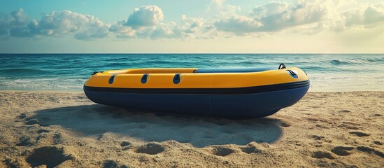Fototapeta premium Vibrant blue and yellow lifeboat rests on sandy beach under a soft sky with clouds reflecting sunlight creating a serene emergency readiness scene.