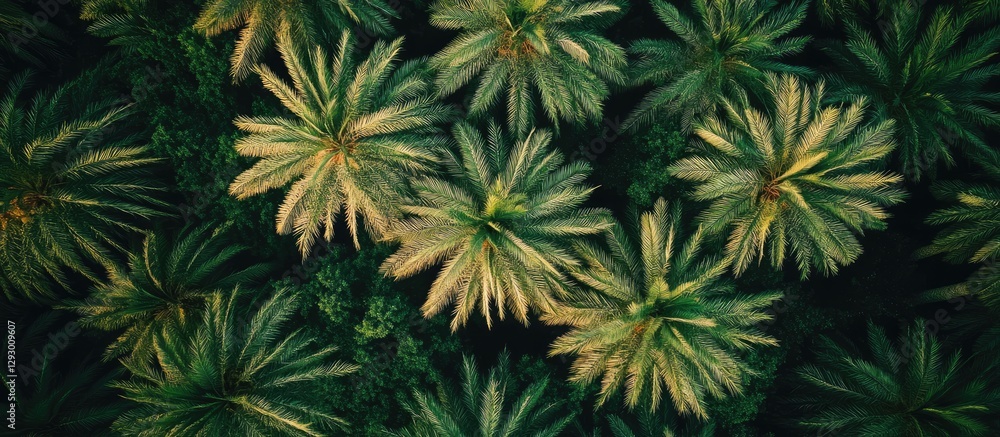 Poster aerial view of lush green palm leaves with varying shades of green and hints of yellow, creating a v