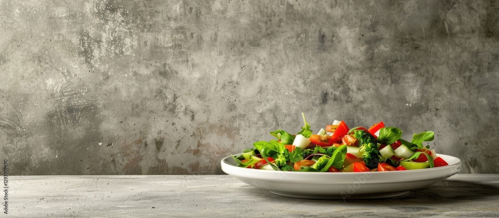 Poster Fresh vegetable salad served on a white plate against textured gray background with ample copy space on the left for advertisements or text.