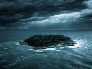 Obraz premium secluded island surrounded by stormy skies and turbulent waters evokes sense of mystery and isolation