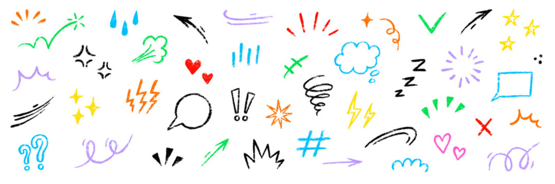 Line movement element hand drawn chalk effect decoration shape. Hand drawn cute doodle line element arrow, emphasis, shock, sparkle. Motion cartoon movement chalk icon. Vector illustration