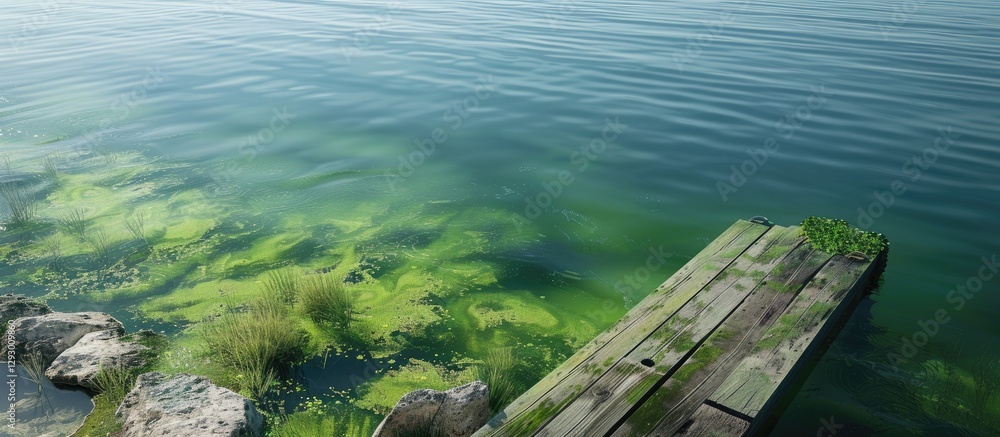 Poster Lakeshore jetty over clear water with prominent green algae bloom extending across the foreground and ample copy space on the right side