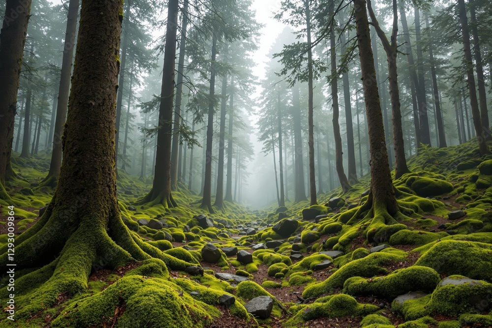 Poster lush green moss-covered forest with tall trees and misty light background.