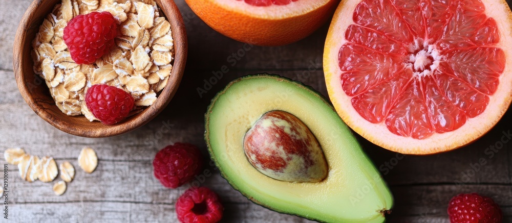 Poster nutritious composition of fresh fruits including sliced grapefruit and cantaloupe, avocado halves wi