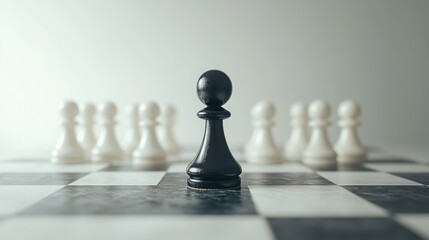 A single black pawn standing apart from a group of white pawns on a chessboard, symbolizing social discrimination and inequality