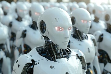 Fototapeta premium A line of humanoid robots with red illuminated eyes, emphasizing their futuristic design and technology-driven existence.
