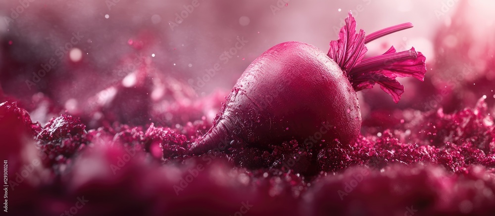 Poster vibrant close-up of a single fresh purple radish resting on a textured bed of magenta soil, showcasi