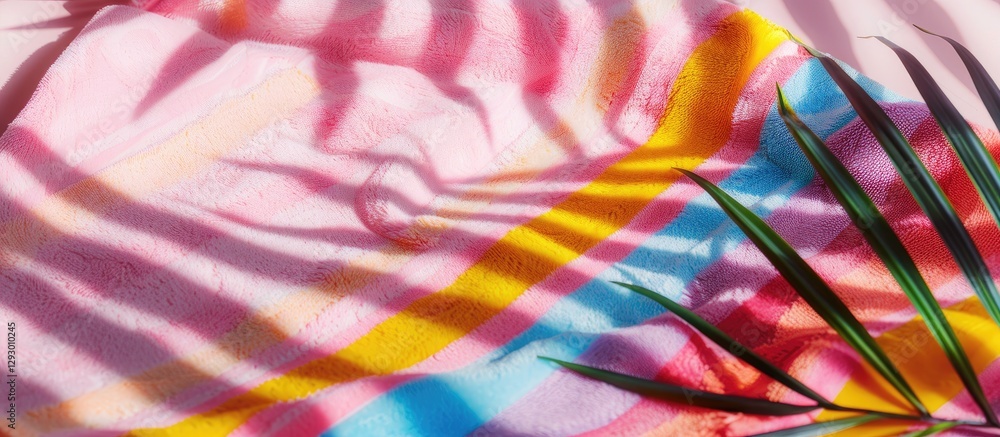 Poster vibrant pink beach towel with colorful stripes beneath palm leaf shadows creating a tropical ambianc