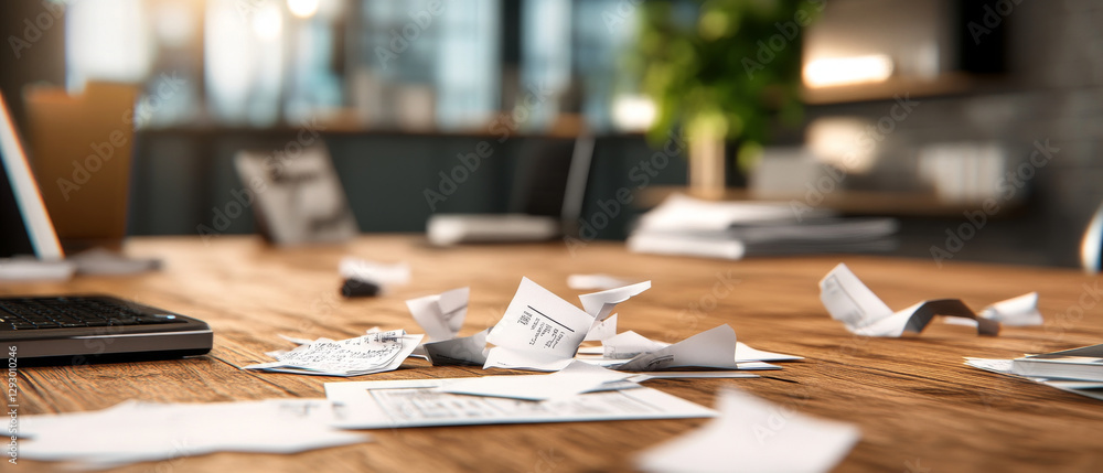 Poster cluttered workspace with scattered papers and laptop on wooden table, creating sense of disorganizat
