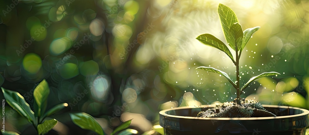 Poster Fresh green seedlings sprouting from rich soil in a dark container, soft sunlight illuminating the background and creating a bokeh effect for text space.