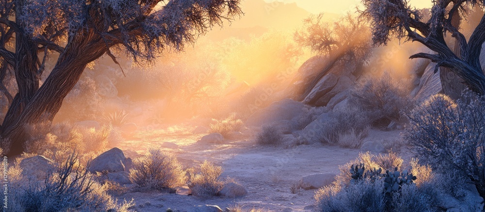 Poster dawn light illuminates frosty desert landscape with silhouetted joshua trees against warm golden hue