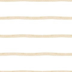 Watercolor geometric pattern of stripes, lines in beige color in marine style. Brush stroke illustration on white background. Abstract seamless print for textile, fabric, packaging, clothes