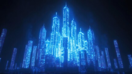 Futuristic city skyline at night, glowing blue, digital art, tech concept