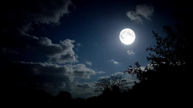 valley on the foggy night. village in the distance. grass and flowers on the hill in full moon light. beautiful countryside scenery. dark clouds on the sky