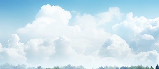 Fluffy white clouds dominate a bright blue sky above a serene green landscape, creating a tranquil and peaceful atmosphere on a clear day.