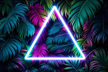 Neon triangle glowing over colorful tropical leaves.