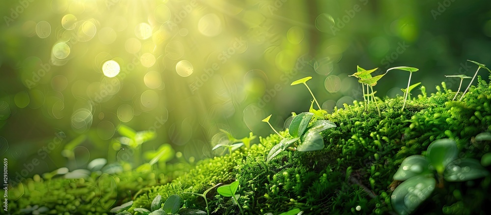 Poster lush green moss with vibrant sunlight filtering through, creating a serene atmosphere with blurred b