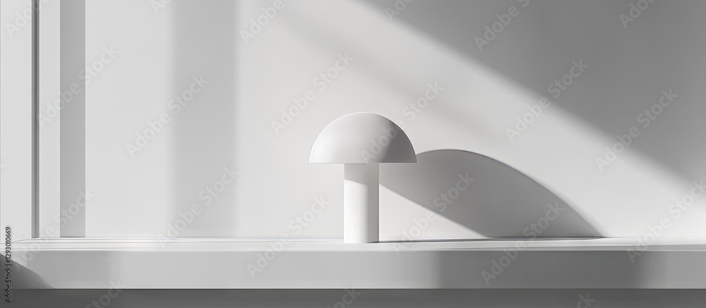 Poster sleek minimalist interior with a white mushroom-shaped lamp casting soft shadows on a light gray sur